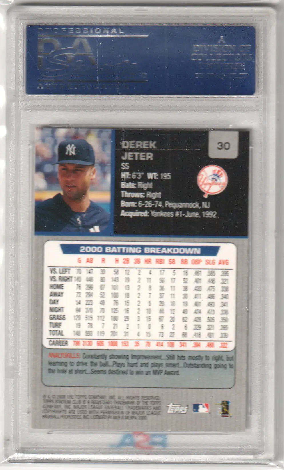 Graded Derek Jeter baseball card from Topps Stadium Club, Columbia Hobby PSA 10