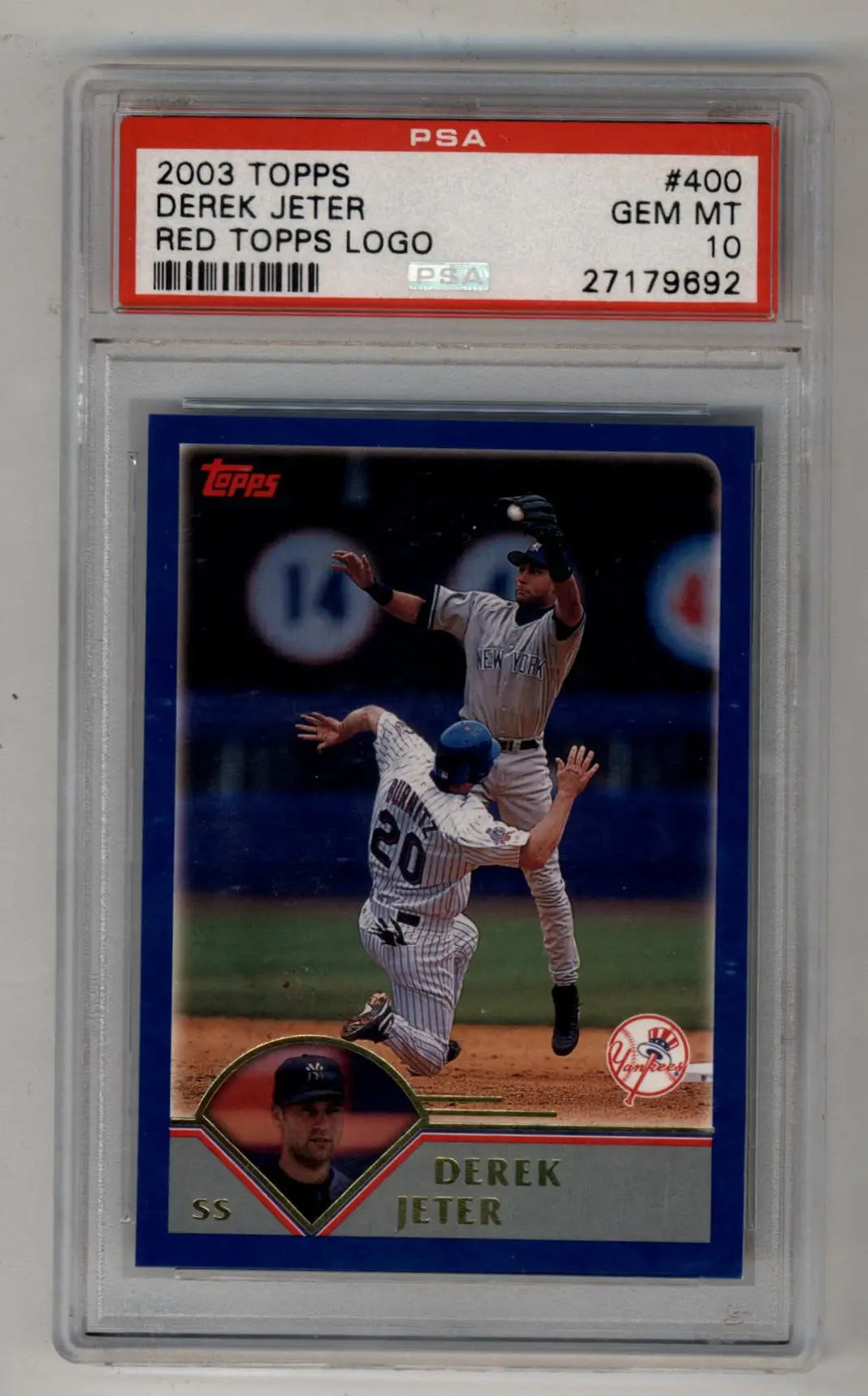 Derek Jeter 2003 Topps card with red Topps logo, PSA 10 Gem Mint, graded Topps logo PSA