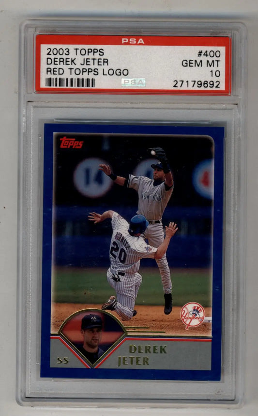 Derek Jeter 2003 Topps card with red Topps logo, PSA 10 Gem Mint, graded Topps logo PSA