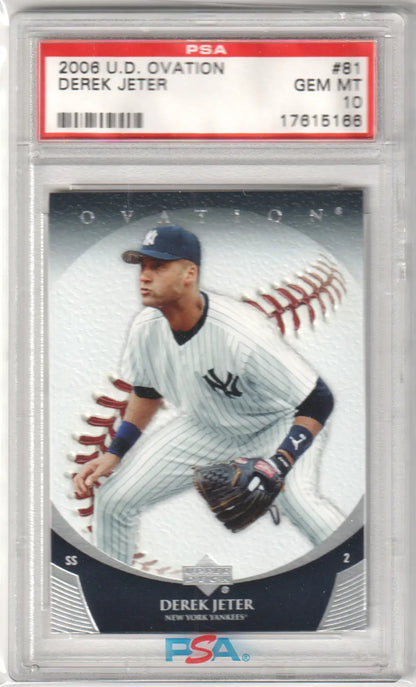 Graded Derek Jeter baseball card from Upper Deck Ovation series displayed at Columbia Hobby