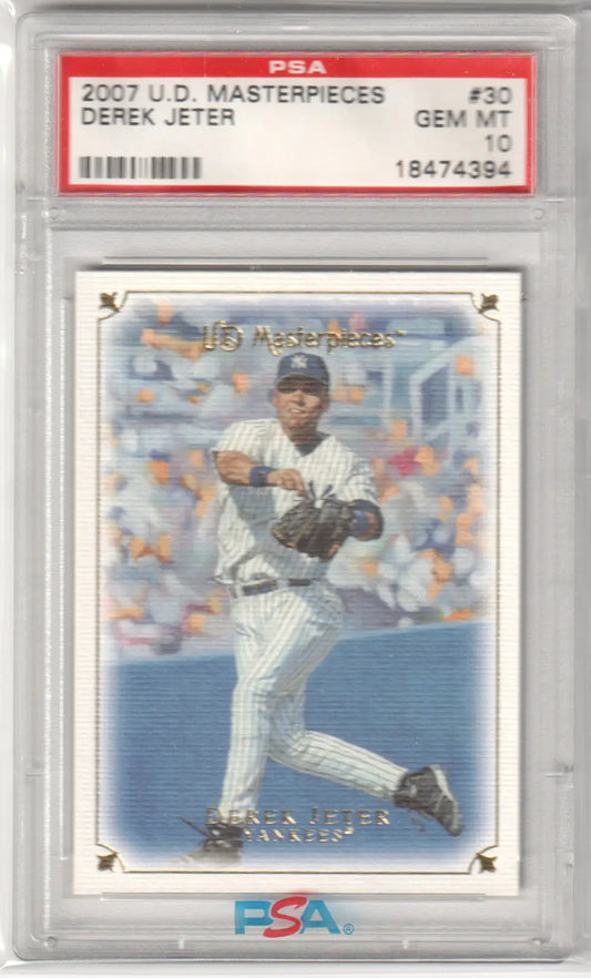 Graded Derek Jeter baseball card from Upper Deck Masterpieces, PSA 10 GEM MINT Columbia Hobby