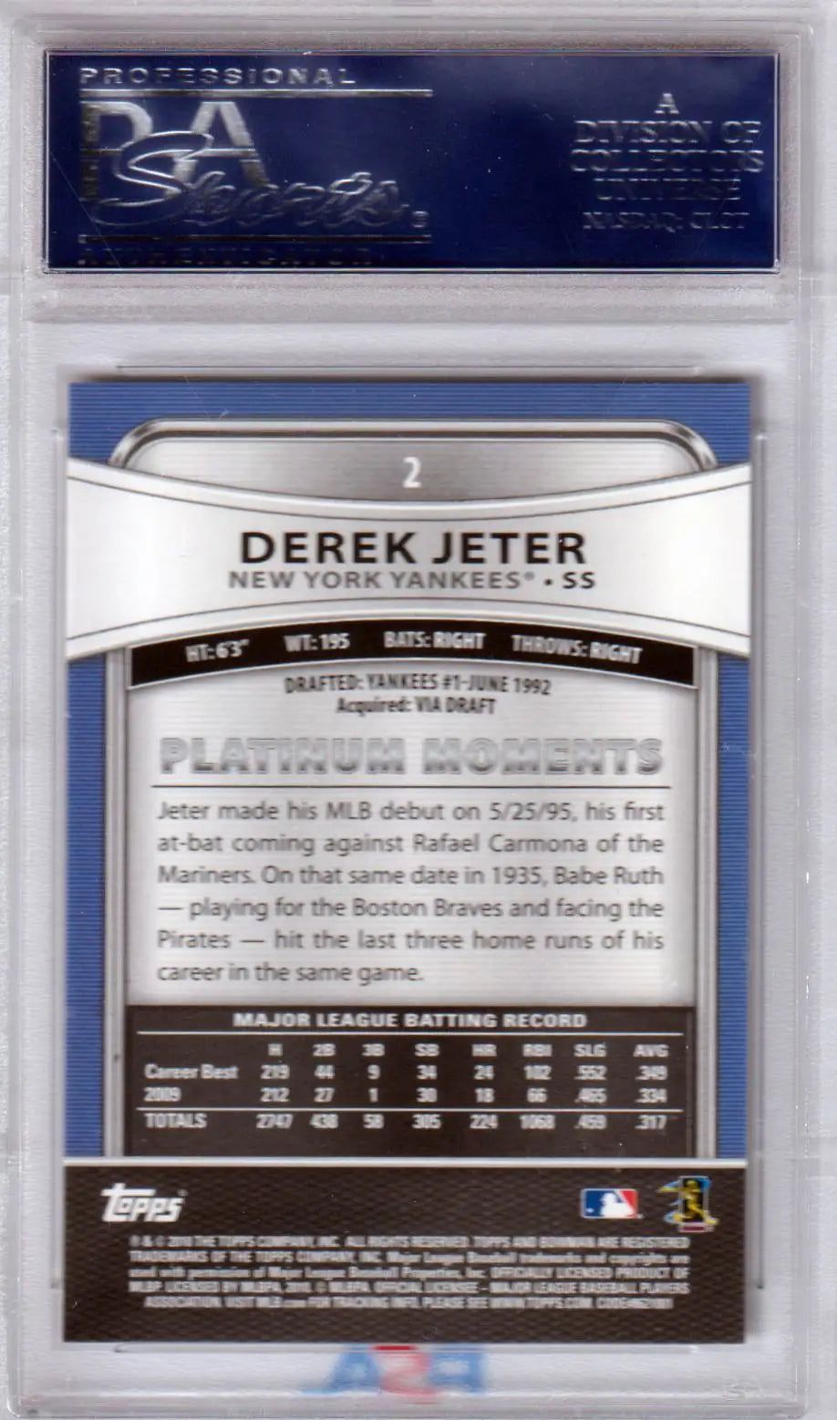 Derek Jeter baseball card from Bowman Platinum series, PSA 10 GEM MINT, Columbia Hobby