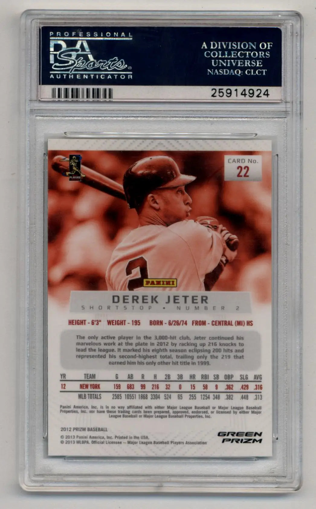 Derek Jeter Prizm Green baseball card in PSA 10 Gem Mint slab