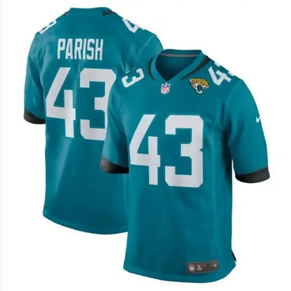 Two teal Derek Parish Jacksonville Jaguars Nike Game Jerseys with white numbers and lettering