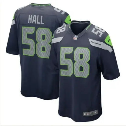 Dark blue Seattle Seahawks Derick Hall Nike Game Jersey with number 58 and HALL on back