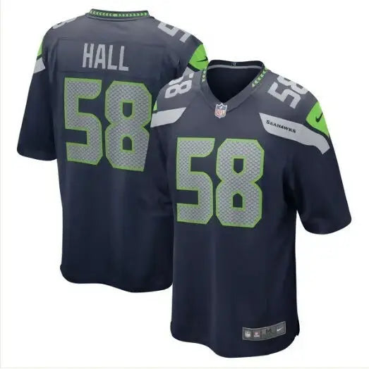 Dark blue Seattle Seahawks Derick Hall Nike Game Jersey with number 58 and HALL on back