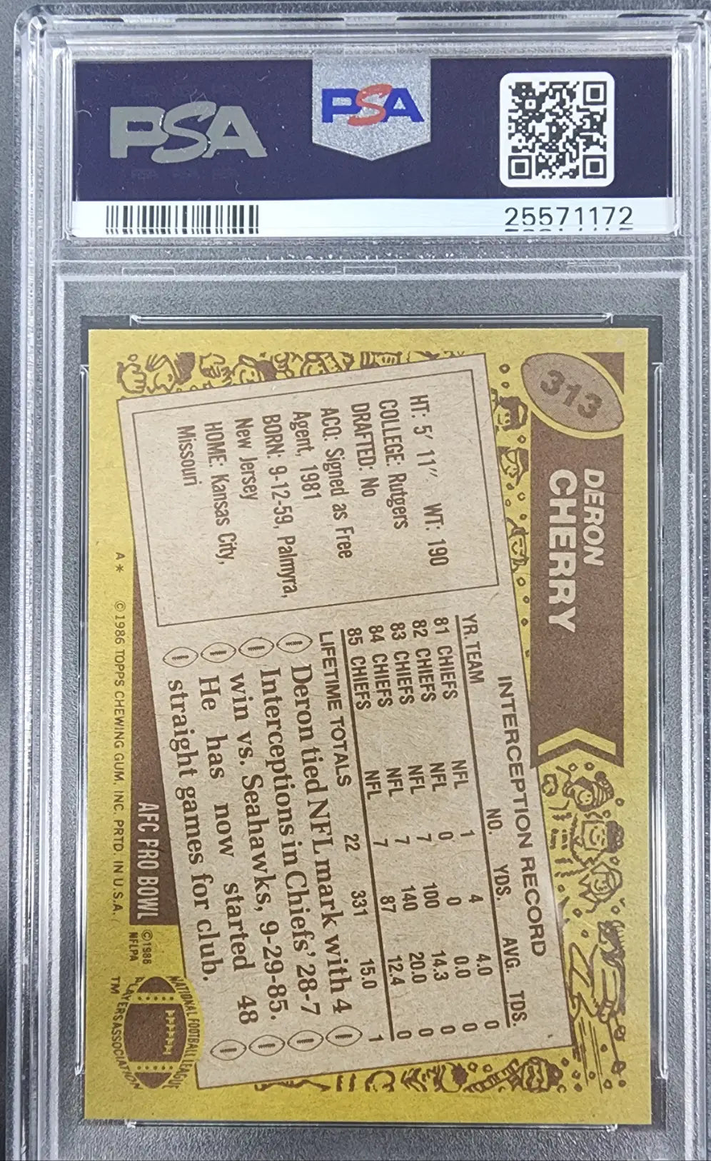 Deron Cherry 1986 Topps #313 PSA 10 Gem Mint trading card with decorative gold border