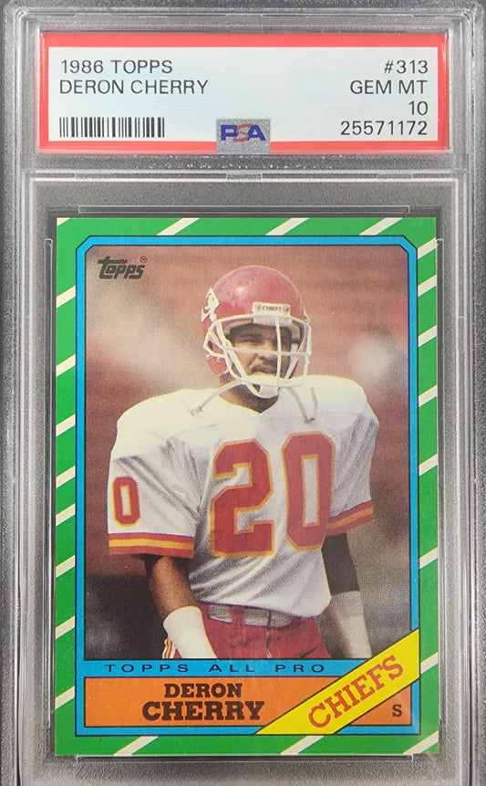 PSA-graded 1986 Topps Deron Cherry Kansas City Chiefs Gem Mint trading card with green border