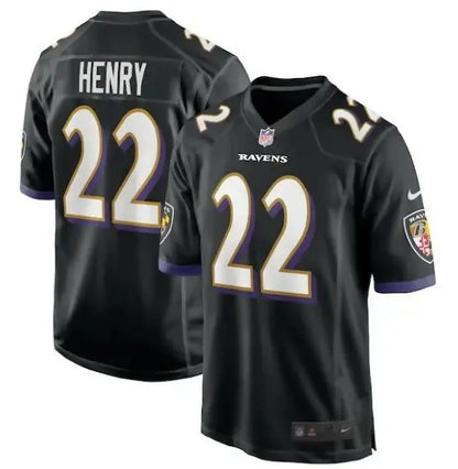 Black Baltimore Ravens Derrick Henry #22 Nike Alternate Game Jersey with purple and gold accents
