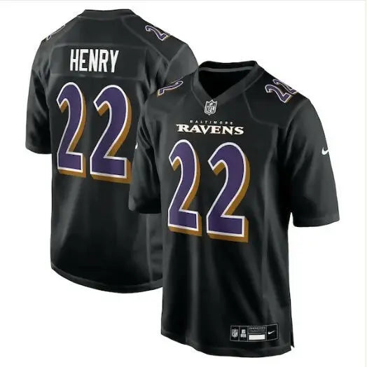 Black Baltimore Ravens Derrick Henry Nike fashion jersey displayed in Carbon Black