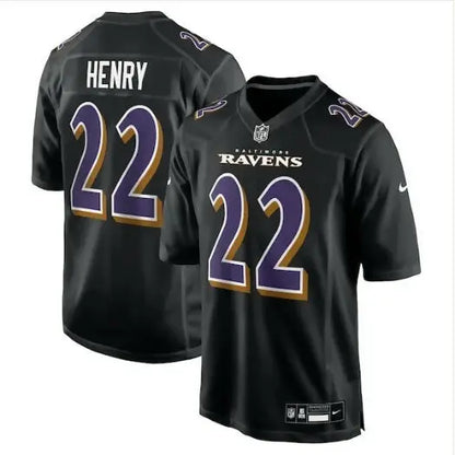 Black Baltimore Ravens Derrick Henry Nike fashion jersey displayed in Carbon Black