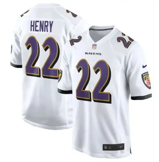 White Baltimore Ravens Derrick Henry Nike game jersey displayed for sale