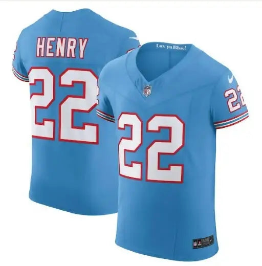 Light blue Derrick Henry Tennessee Titans Nike Oilers throwback jersey with red and white lettering