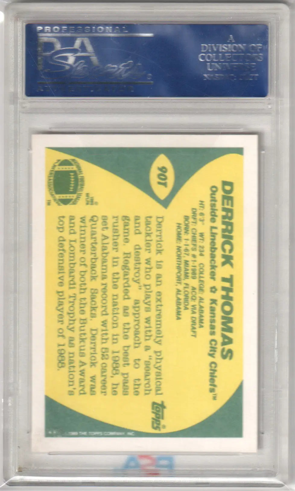 A graded Derrick Thomas Topps Traded football card from Columbia Hobby in PSA 10 GEM MINT