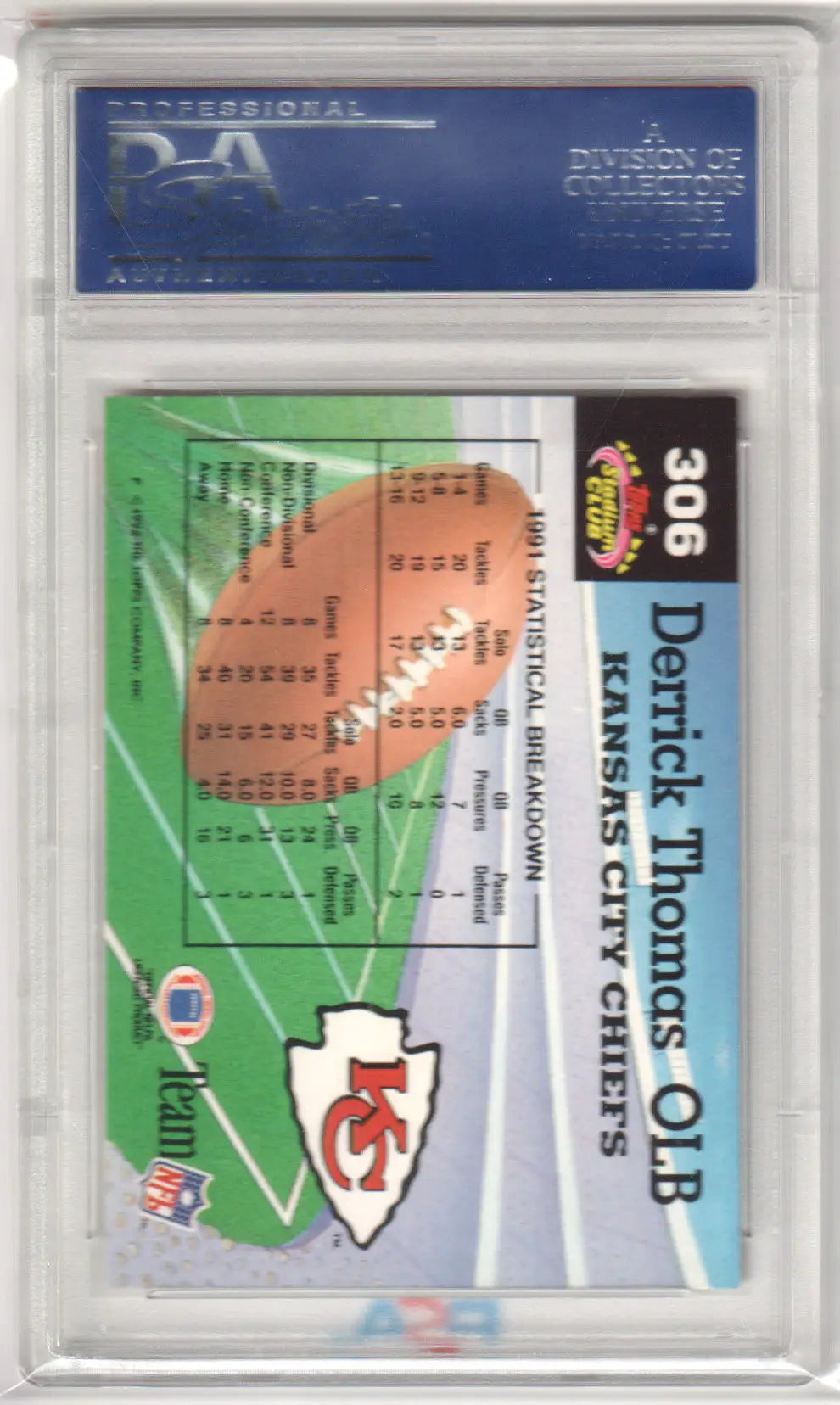 Graded 1991 Derrick Thomas football card from Topps Stadium Club, ideal for Columbia Hobby fans