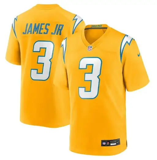 Golden yellow Los Angeles Chargers Nike alternate jersey with light blue accents and JAMES JR number 3
