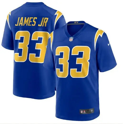 Blue Los Angeles Chargers Nike Alternate Game Jersey with number 33 and JAMES JR in gold