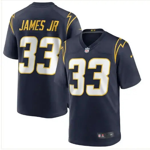 Navy Los Angeles Chargers football jersey with JAMES JR 33 in gold and white
