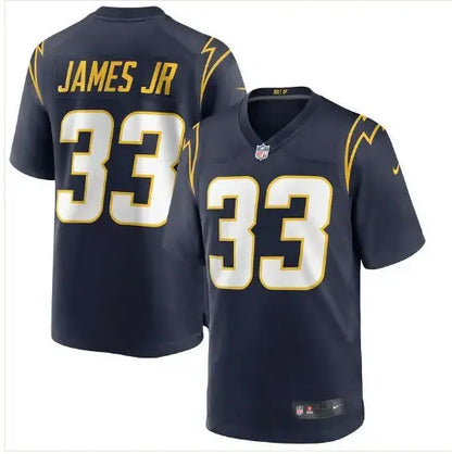 Navy Los Angeles Chargers football jersey with JAMES JR 33 in gold and white