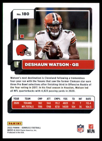 Deshaun Watson football card from 2022 Donruss Cleveland Browns series