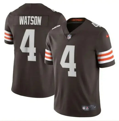 Brown NFL football jersey with orange and white stripes and the number 4, Deshaun Watson Browns Nike jersey