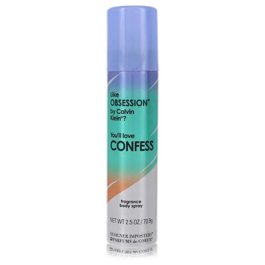 Pale blue and teal Designer Imposters Confess deodorant body spray with orange and white gradient