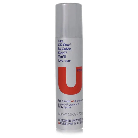 Silver and white designer imposters U You unisex body spray bottle with red U label