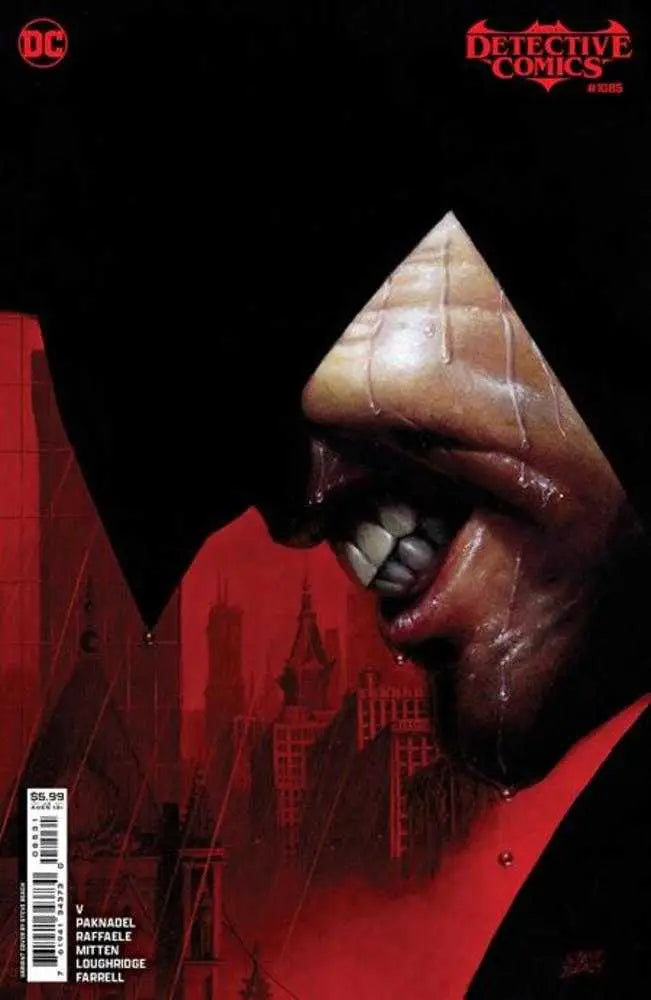 Hooded figure silhouette on red backdrop for Detective Comics #1085 trading card variant