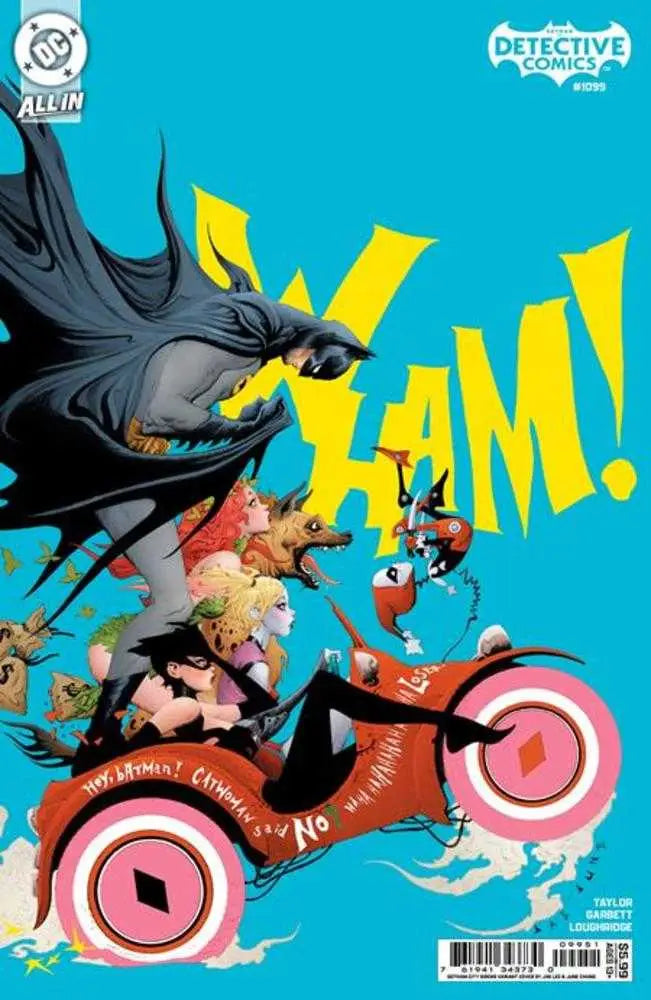 Comic book cover featuring Gotham City Sirens with Batman, Harley Quinn, Poison Ivy, Catwoman, and a wolf in chaos for Detective Comics #1099 City Sirens Card Variant