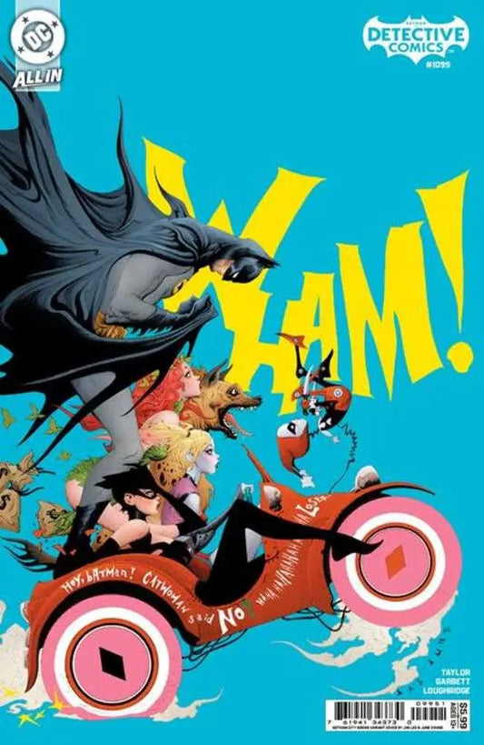 Comic book cover featuring Gotham City Sirens with Batman, Harley Quinn, Poison Ivy, Catwoman, and a wolf in chaos for Detective Comics #1099 City Sirens Card Variant