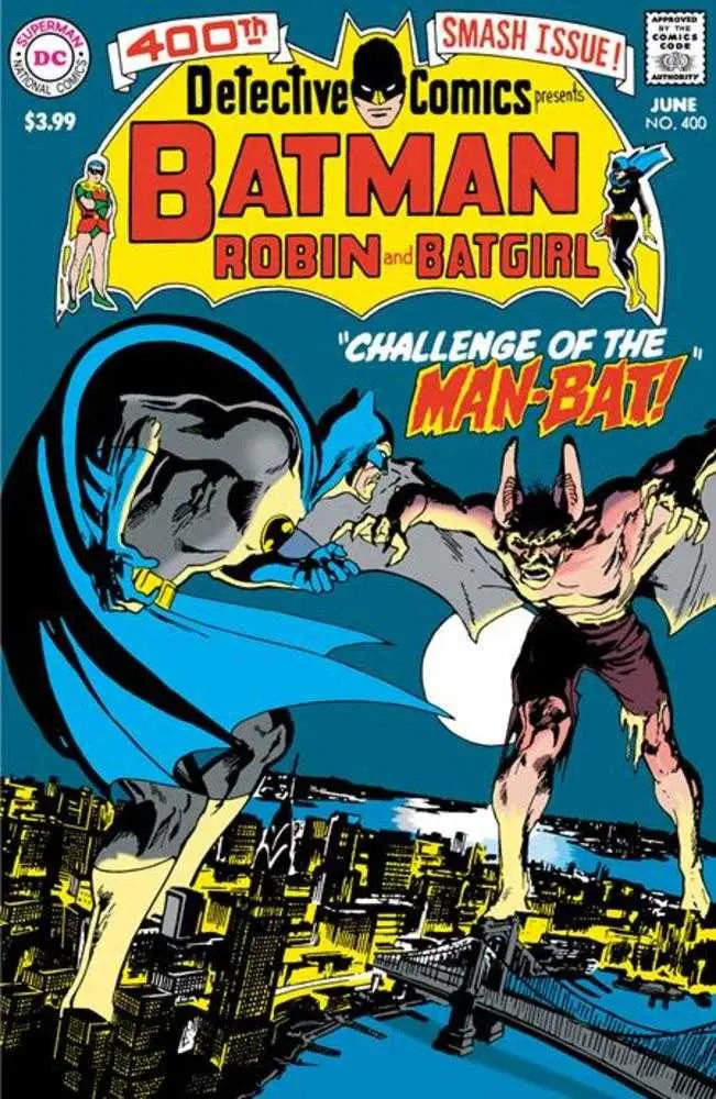 Classic Detective Comics Batman cover by Neal Adams featuring Man-Bat in a cityscape