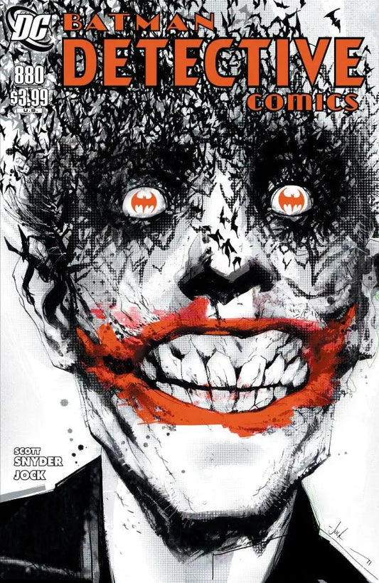 Horror-themed Detective Comics facsimile edition cover featuring a Joker-like character with glowing Batman eyes in Gotham City