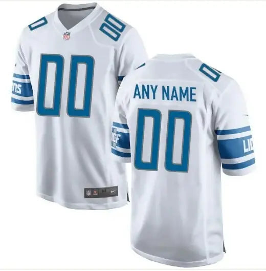 White and blue Detroit Lions Nike custom game football jersey with number 00