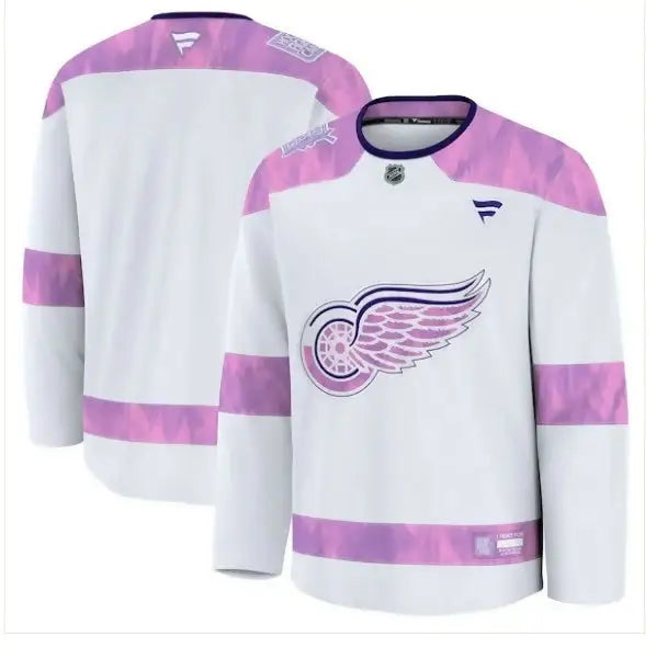 White and pink Detroit Red Wings hockey jersey from the 2024 Hockey Fights Cancer Practice collection