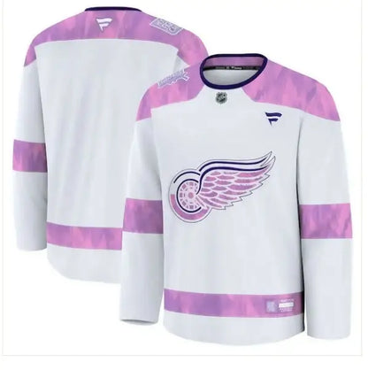 White and pink Detroit Red Wings hockey jersey from the 2024 Hockey Fights Cancer Practice collection