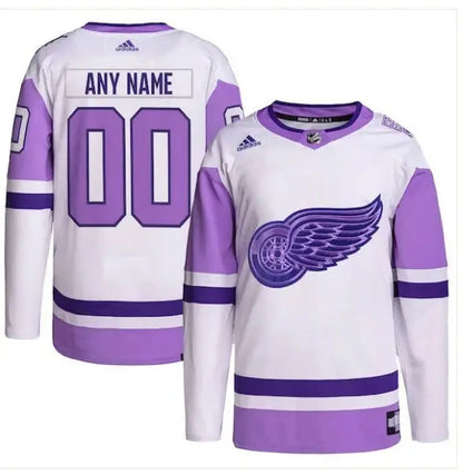 White and purple Detroit Red Wings Hockey Fights Cancer adidas Primegreen authentic jersey