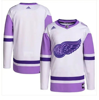 White and purple Detroit Red Wings adidas Hockey Fights Cancer practice jersey