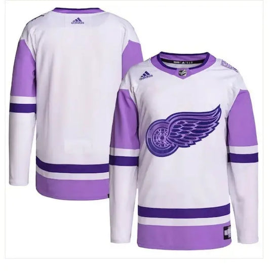 White and purple Detroit Red Wings adidas Hockey Fights Cancer practice jersey
