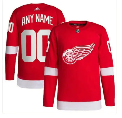 Red Detroit Red Wings hockey jersey displayed in Detroit Red Wings adidas Home Primegreen Authentic Custom Jersey