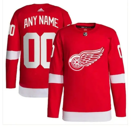 Red Detroit Red Wings hockey jersey displayed in Detroit Red Wings adidas Home Primegreen Authentic Custom Jersey