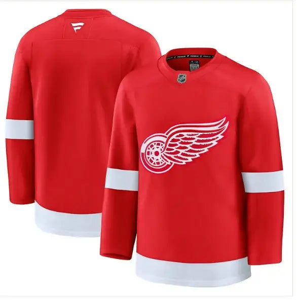 Red Detroit Red Wings hockey jersey displayed in the Detroit Red Wings Away Premium Jersey Red product