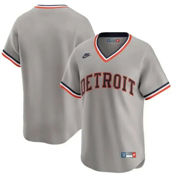 Gray Detroit baseball jersey from Nike Cooperstown Collection featuring Detroit Tigers branding