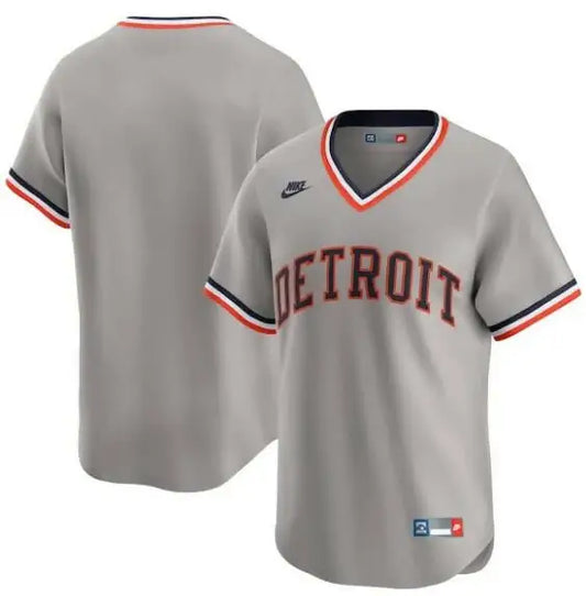Gray Detroit baseball jersey from Nike Cooperstown Collection featuring Detroit Tigers branding