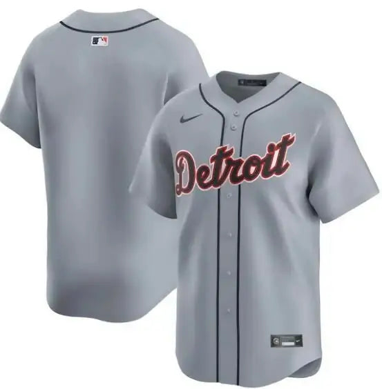 Gray Detroit Tigers Nike Road Limited Baseball Jersey showing team logo and details
