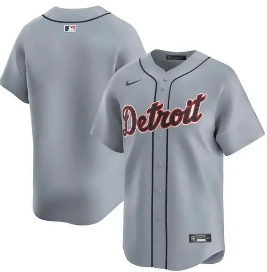 Gray Detroit Tigers Nike Road Limited Baseball Jersey showing team logo and details