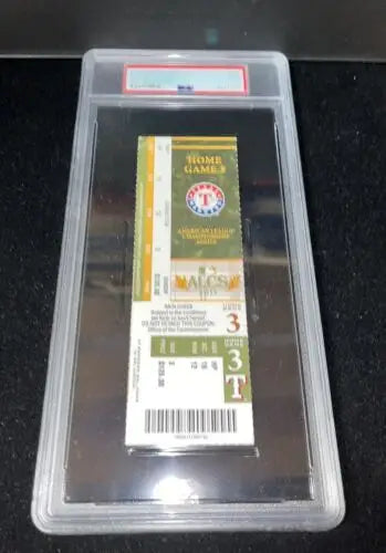 Encased Texas Rangers ticket from 2011 ALCS featuring Detroit Tigers sports memorabilia