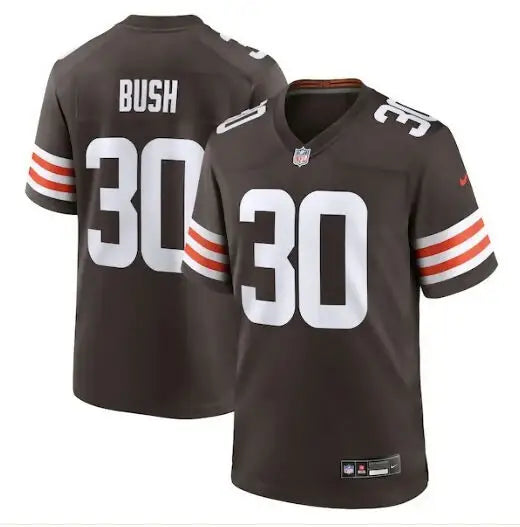 Dark brown Devin Bush Cleveland Browns Nike Game Jersey with orange and white striped sleeves and number 30