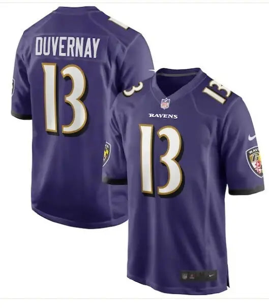 Purple Baltimore Ravens Devin Duvernay NFL jersey with number 13 front and back