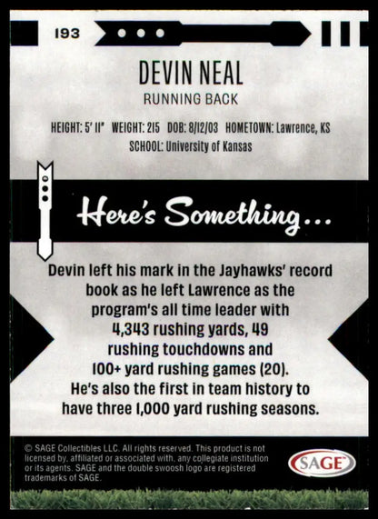 Devin Neal football card from Sage Hit 2025 Kansas Jayhawks series
