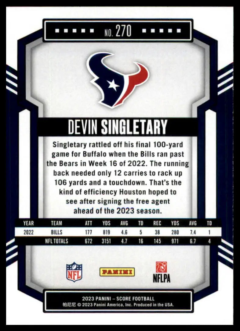 Devin Singletary football card from 2023 Score series #270 Houston Texans collectible